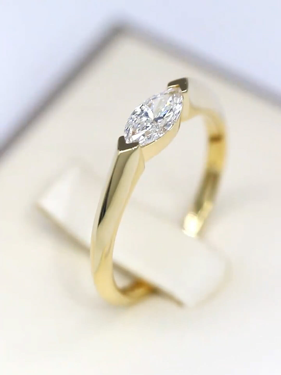 0.5 Carat Marquise Half Bezel Solitaire Lab Diamond Ring 18K Gold