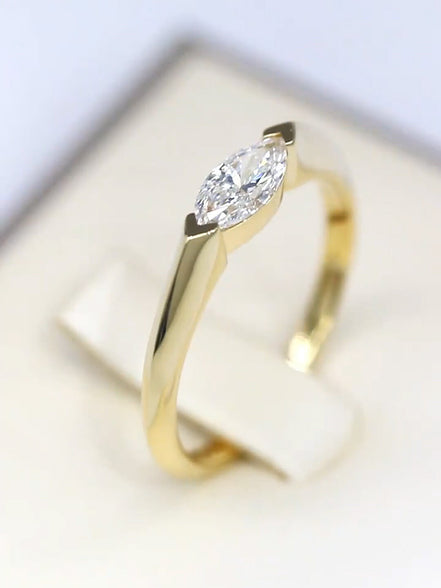 0.5 Carat Marquise Half Bezel Solitaire Lab Diamond Ring 18K Gold