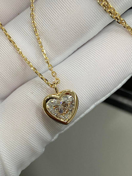 Affordable Luxury Jewelry 1.5 Carat Heart Shape Lab Diamond Solitaire Women Necklace 18K Gold Bezel Set