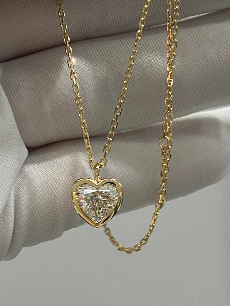 Affordable Luxury Jewelry 1.5 Carat Heart Shape Lab Diamond Solitaire Women Necklace 18K Gold Bezel Set