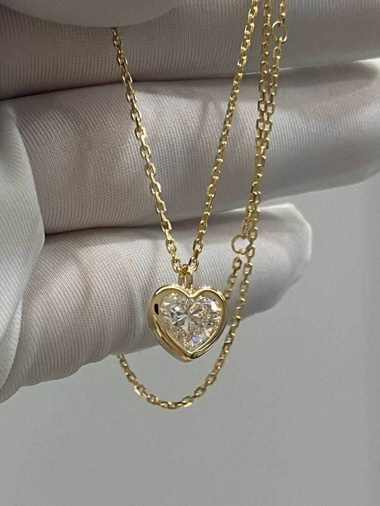 Affordable Luxury Jewelry 1.5 Carat Heart Shape Lab Diamond Solitaire Women Necklace 18K Gold Bezel Set