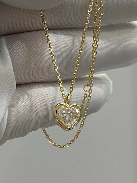 Affordable Luxury Jewelry 1.5 Carat Heart Shape Lab Diamond Solitaire Women Necklace 18K Gold Bezel Set
