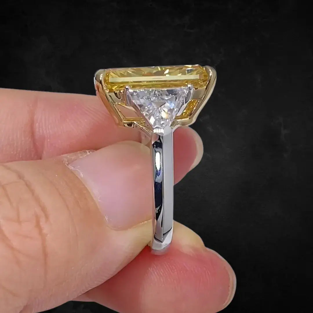 Affordable Luxury Jewelry 10 Carat Fancy Vivid Yellow Radiant Cut Lab Diamond Three Stones Ring