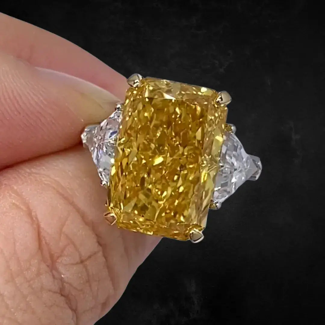 Affordable Luxury Jewelry 10 Carat Fancy Vivid Yellow Radiant Cut Lab Diamond Three Stones Ring