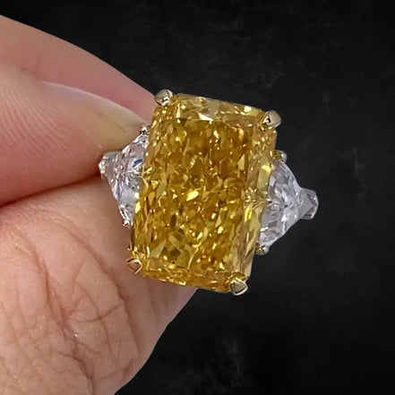 Affordable Luxury Jewelry 10 Carat Fancy Vivid Yellow Radiant Cut Lab Diamond Three Stones Ring