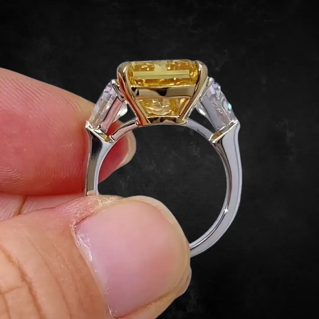 Affordable Luxury Jewelry 10 Carat Fancy Vivid Yellow Radiant Cut Lab Diamond Three Stones Ring