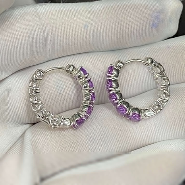 Lab-grown Diamond and Purple Sapphire Hoop Earrings