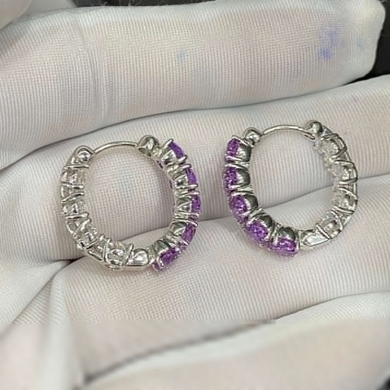 Lab-grown Diamond and Purple Sapphire Hoop Earrings