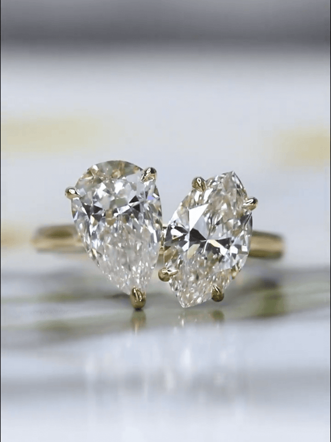 Affordable Luxury Jewelry 2 Carat Marquise 2 Carat Pear Lab Diamond Two Stone Ring 18K Gold