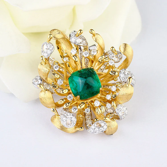 Lab Grown Emerald and Diamond Brooch-14K Yellow Gold