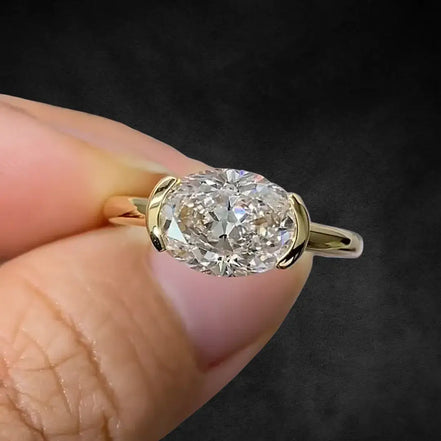 3 CT Oval Lab Diamond East West Engagement Ring 18K Gold