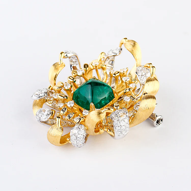 Lab Grown Emerald and Diamond Brooch-14K Yellow Gold