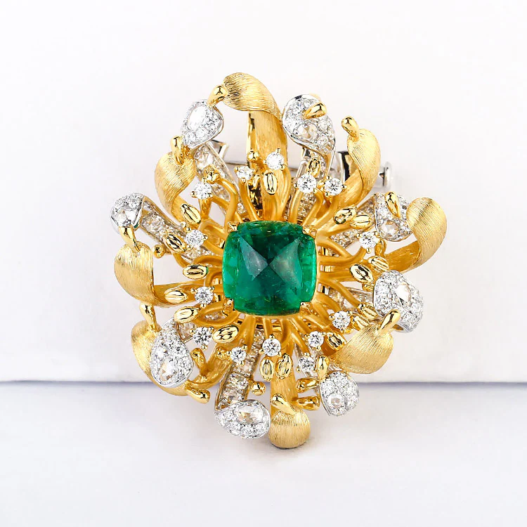 Lab Grown Emerald and Diamond Brooch-14K Yellow Gold