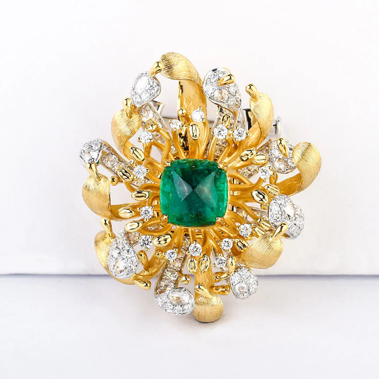 Lab Grown Emerald and Diamond Brooch-14K Yellow Gold