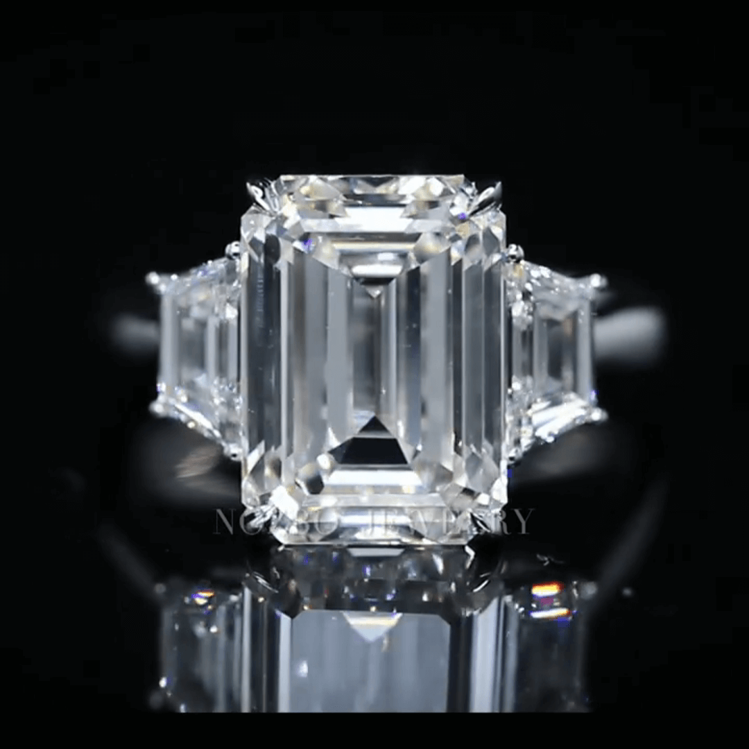 7 Carat Emerald Cut Lab Grown Diamond Side Trapezoid Three Stone Diamond Ring