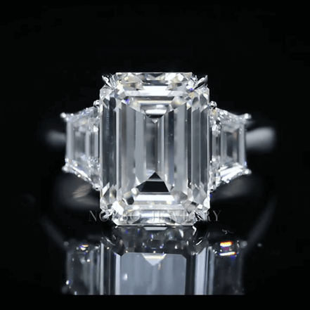 7 Carat Emerald Cut Lab Grown Diamond Side Trapezoid Three Stone Diamond Ring