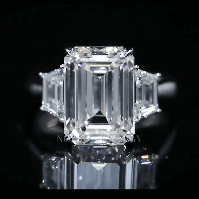 7 Carat Emerald Cut Lab Grown Diamond Side Trapezoid Three Stone Diamond Ring