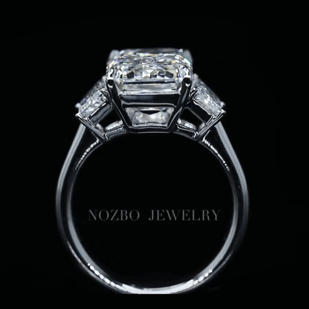 7 Carat Emerald Cut Lab Grown Diamond Side Trapezoid Three Stone Diamond Ring