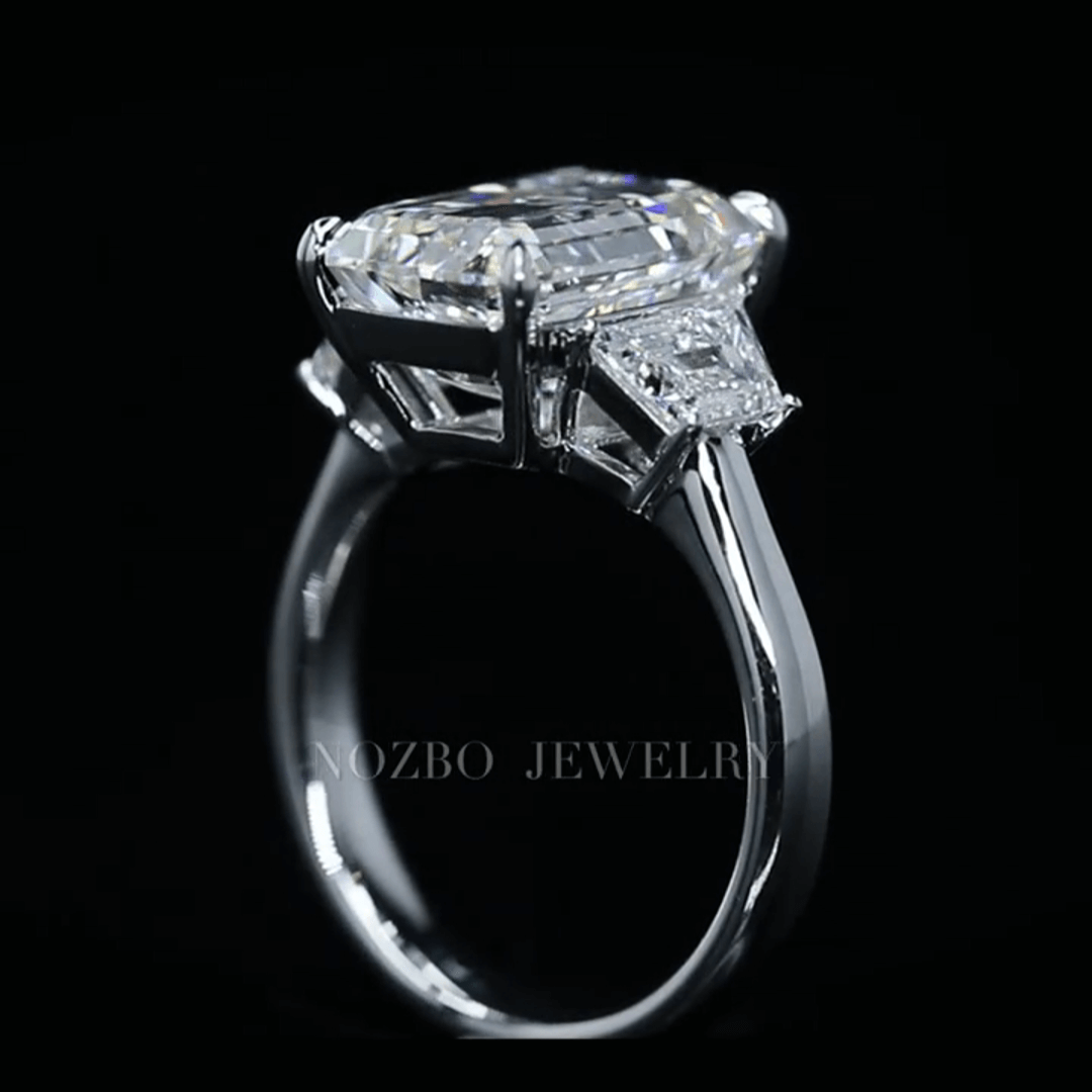 7 Carat Emerald Cut Lab Grown Diamond Side Trapezoid Three Stone Diamond Ring