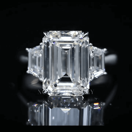 7 Carat Emerald Cut Lab Grown Diamond Side Trapezoid Three Stone Diamond Ring