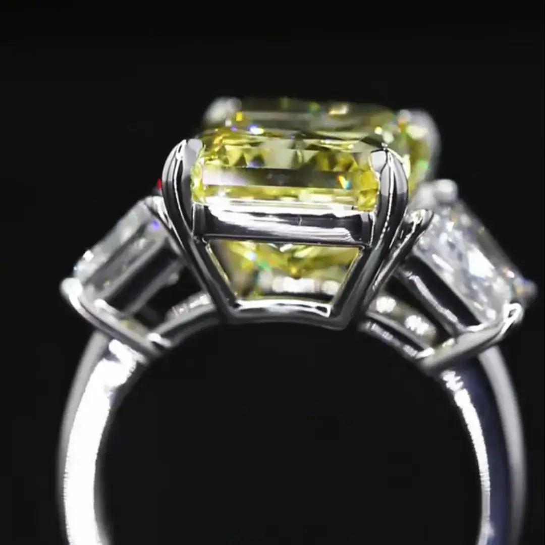 Affordable Luxury Jewelry 9 Carat Fancy Vivid Yellow Radiant Cut Lab Diamond Three Stones Ring