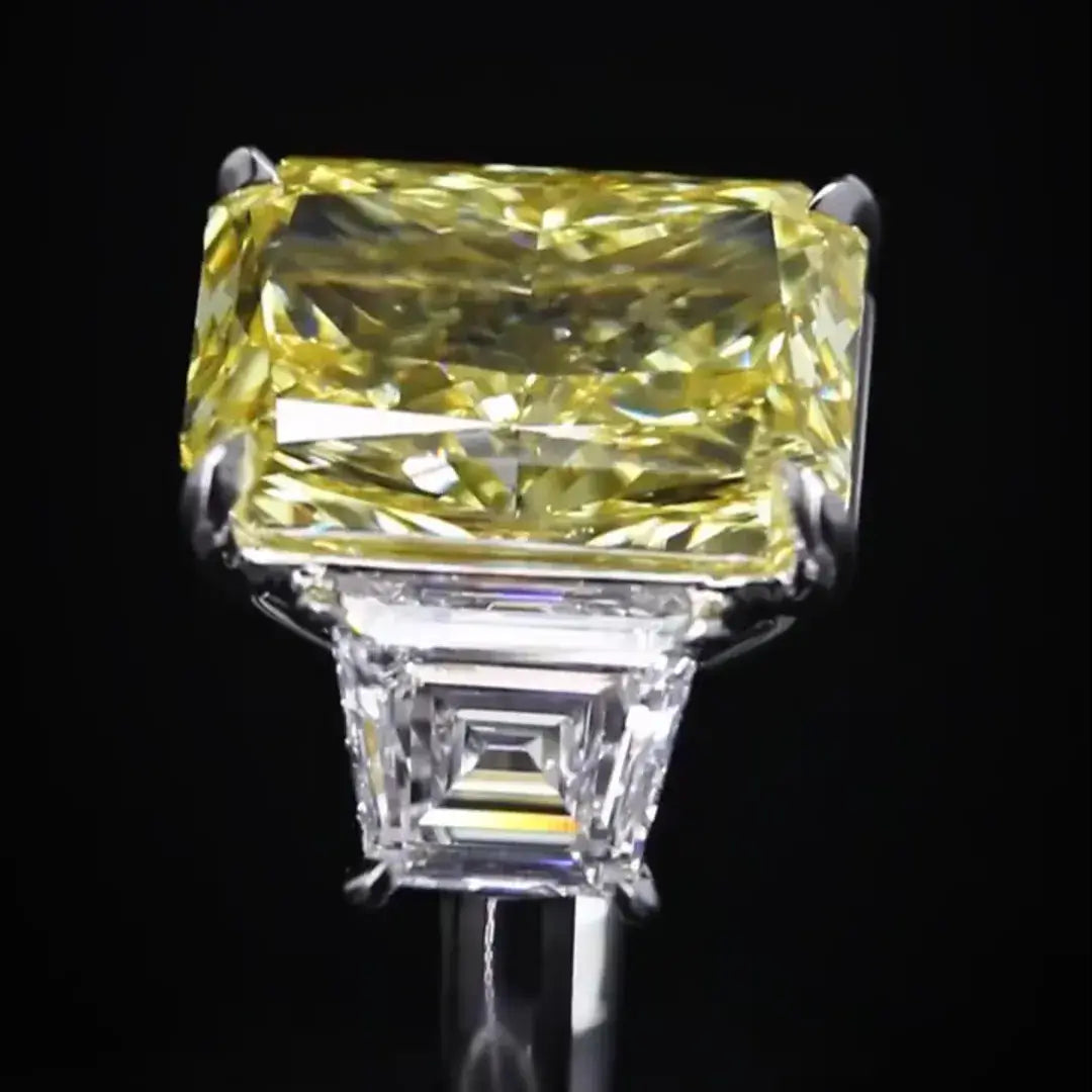 Affordable Luxury Jewelry 9 Carat Fancy Vivid Yellow Radiant Cut Lab Diamond Three Stones Ring