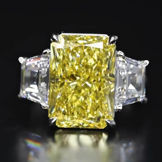 Affordable Luxury Jewelry 9 Carat Fancy Vivid Yellow Radiant Cut Lab Diamond Three Stones Ring