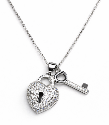 Eternal Heart Lock & Key Pendant Necklace 925 Silver Accessories Jewelry