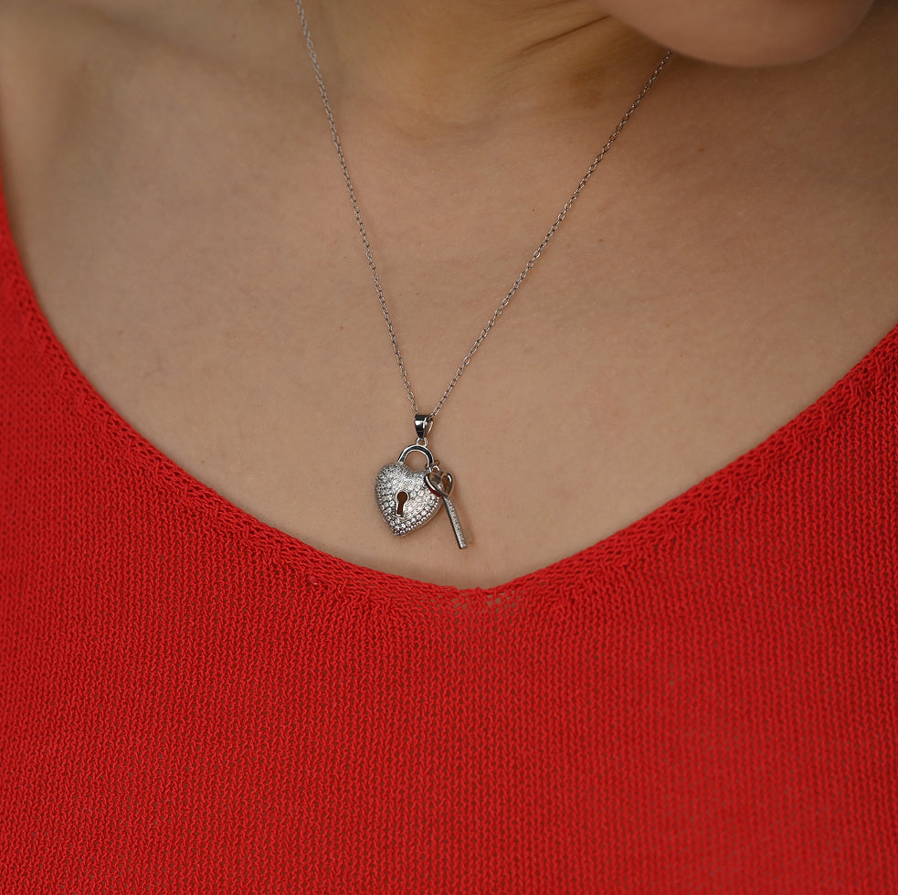Eternal Heart Lock & Key Pendant Necklace 925 Silver Accessories Jewelry