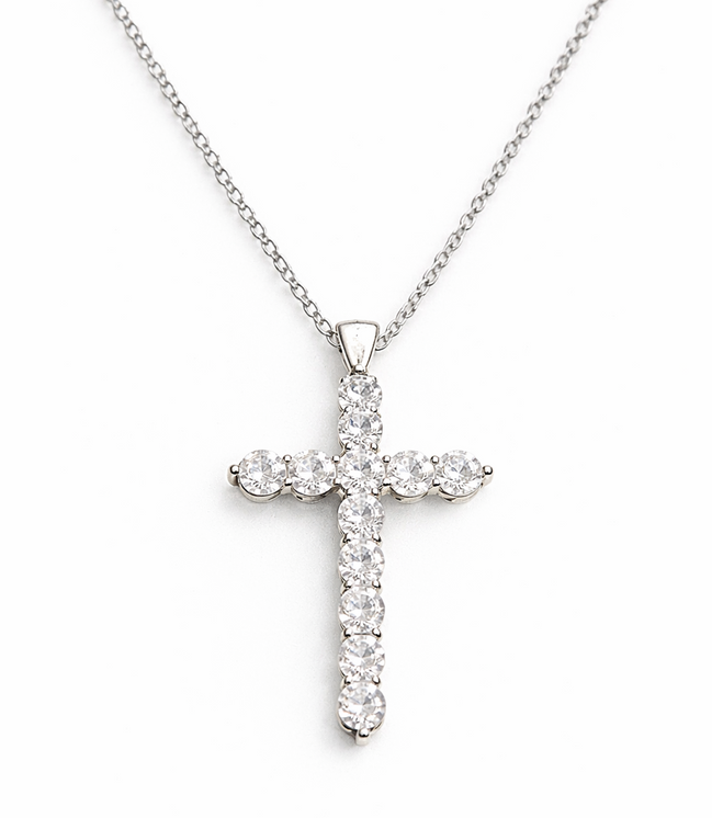 Eternal Cross Silver Pendant Necklace 925 Silver Moissanite Chips Jewelry
