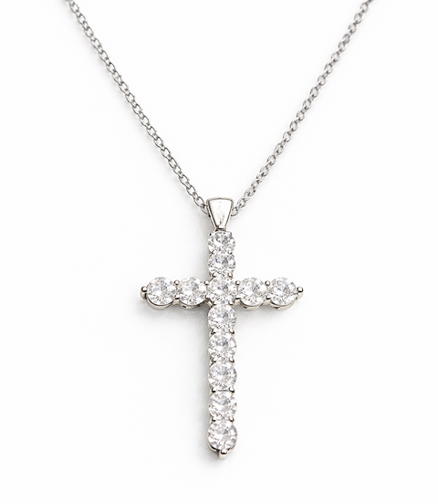 Eternal Cross Silver Pendant Necklace 925 Silver Moissanite Chips Jewelry