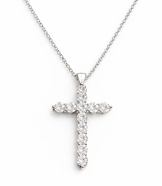 Eternal Cross Silver Pendant Necklace 925 Silver Moissanite Chips Jewelry