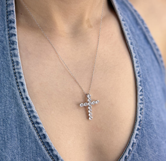 Eternal Cross Silver Pendant Necklace 925 Silver Moissanite Chips Jewelry
