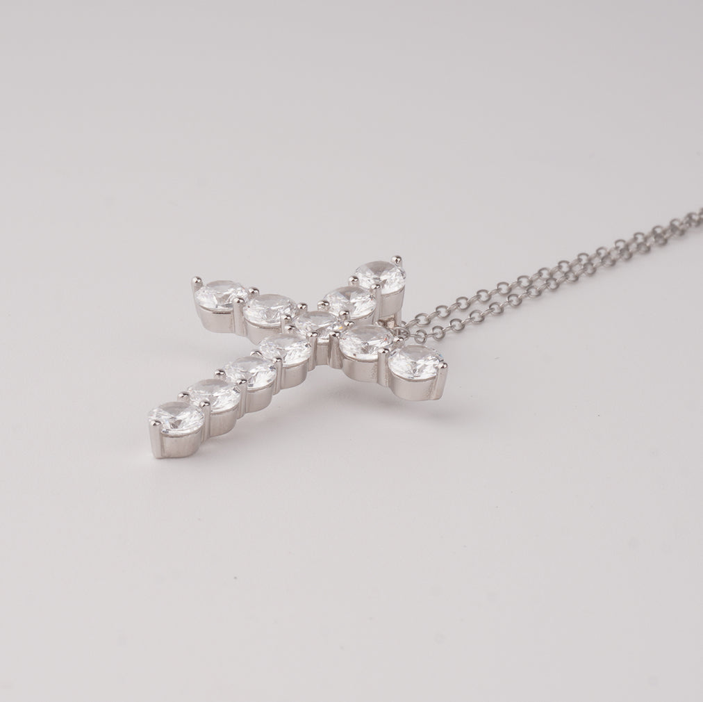 Eternal Cross Silver Pendant Necklace 925 Silver Moissanite Chips Jewelry