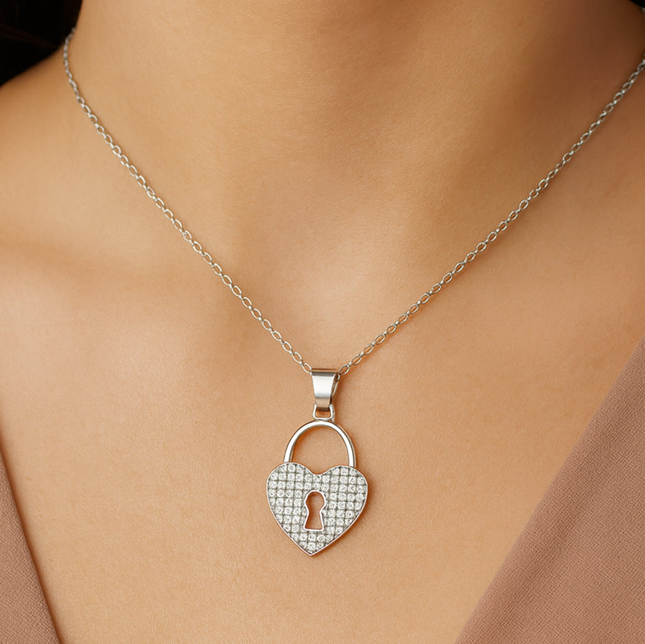 Eternal Heart Lock Pendant Necklace 925 Silver Jewelry
