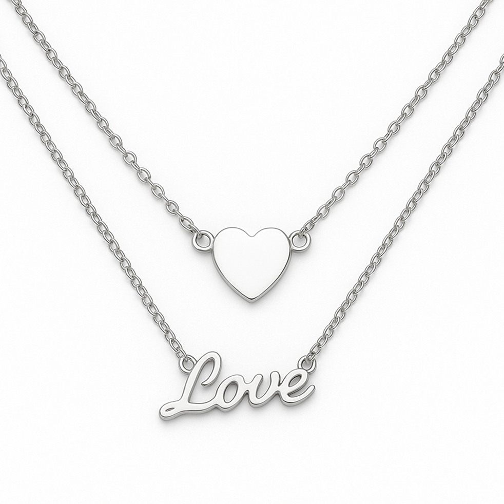 Duo Love & Heart Silver Pendant Necklace 925 Silver Necklace Jewelry