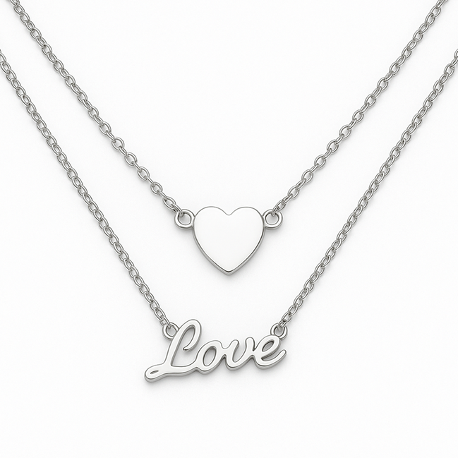Duo Love & Heart Silver Pendant Necklace 925 Silver Necklace Jewelry