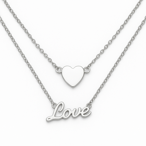 Duo Love & Heart Silver Pendant Necklace 925 Silver Necklace Jewelry