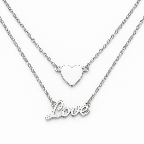 Duo Love & Heart Silver Pendant Necklace 925 Silver Necklace Jewelry