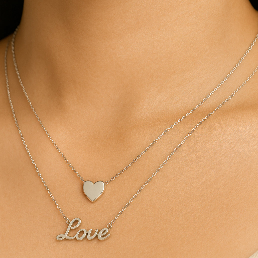 Duo Love & Heart Silver Pendant Necklace 925 Silver Necklace Jewelry