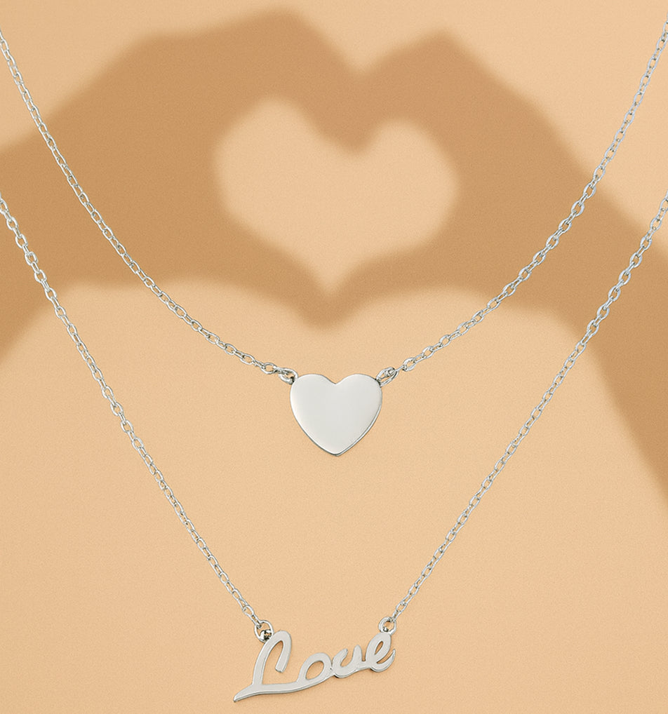 Duo Love & Heart Silver Pendant Necklace 925 Silver Necklace Jewelry