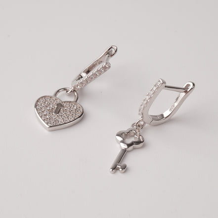 Forever Love Heart Lock & Key Earrings 925 Silver Jewelry