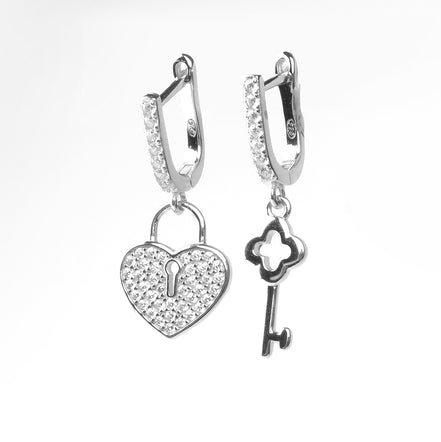 Forever Love Heart Lock & Key Earrings 925 Silver Jewelry