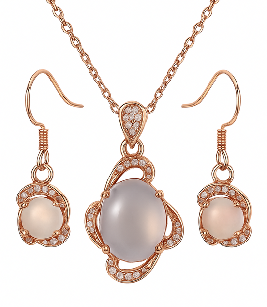 Radiant Oval Stone Pendant & Earrings Set Copper Jewelry