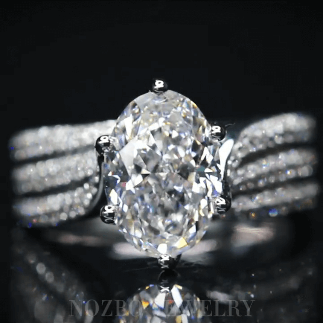 Affordable Luxury Jewelry 3 Carat Oval Lab Diamond Luxurious Ring with Pavé Band In 18K Gold