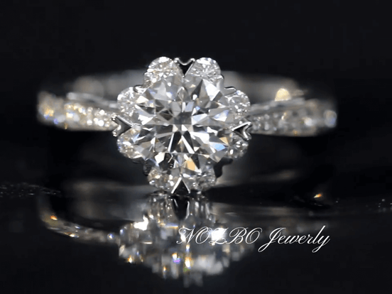 Unique Snowflake Lab Diamond Ring 18K Gold Halo - Pave Engagement Ring