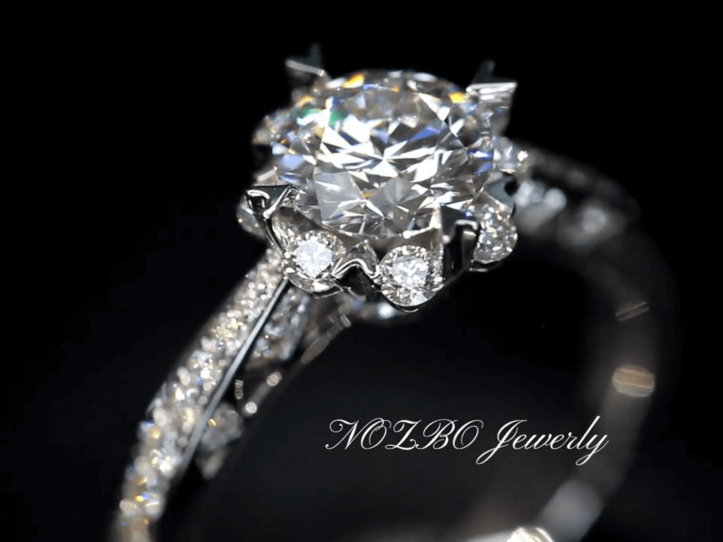 Unique Snowflake Lab Diamond Ring 18K Gold Halo - Pave Engagement Ring