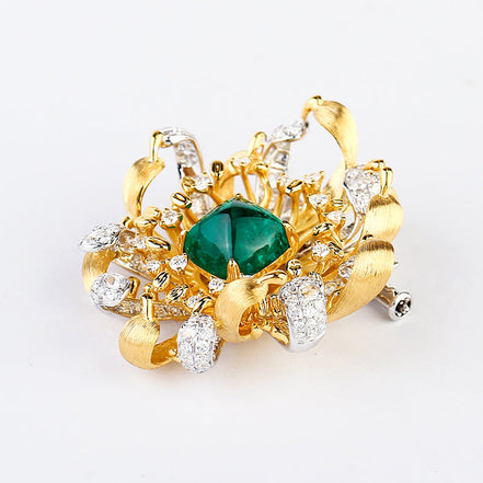 Affordable Luxury Jewelry Lab Grown Emerald and Diamond Brooch 14K Yellow Gold