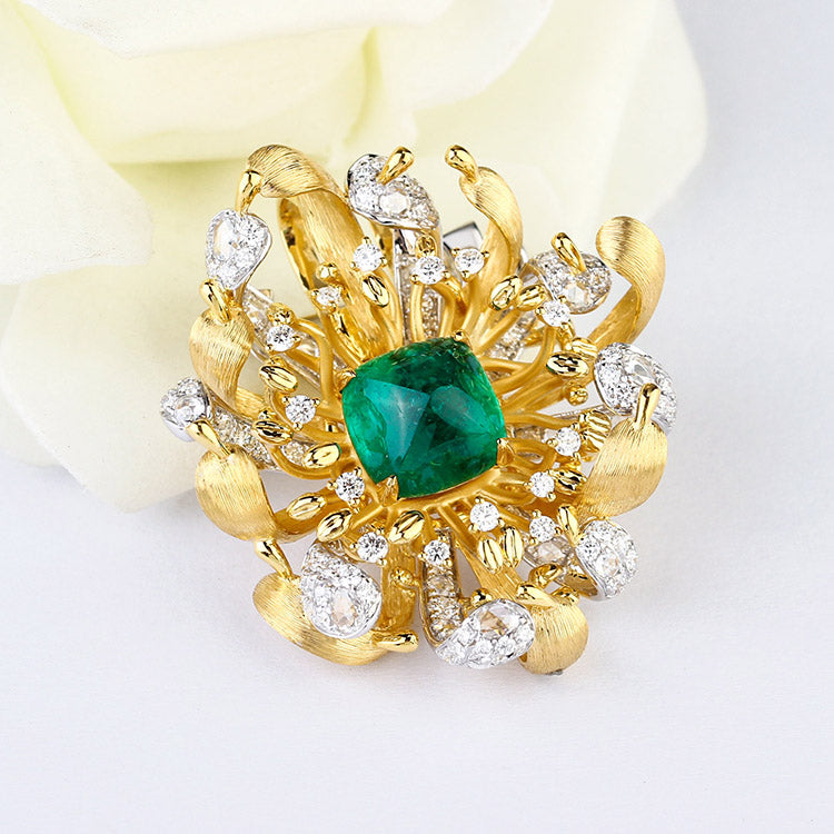 Affordable Luxury Jewelry Lab Grown Emerald and Diamond Brooch 14K Yellow Gold
