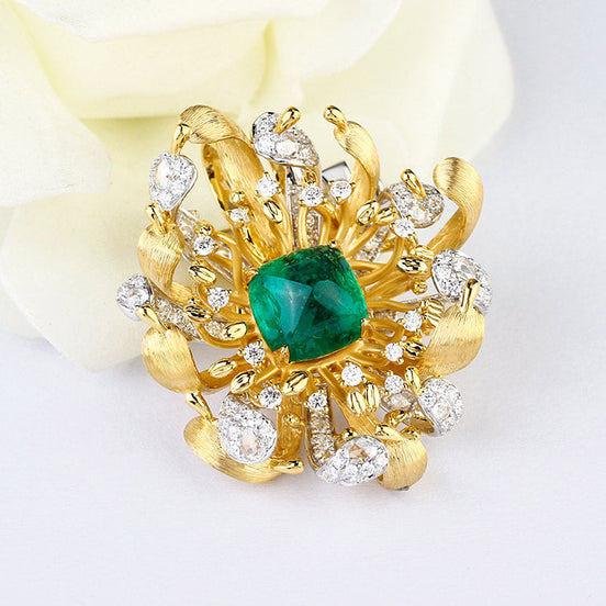 Affordable Luxury Jewelry Lab Grown Emerald and Diamond Brooch 14K Yellow Gold